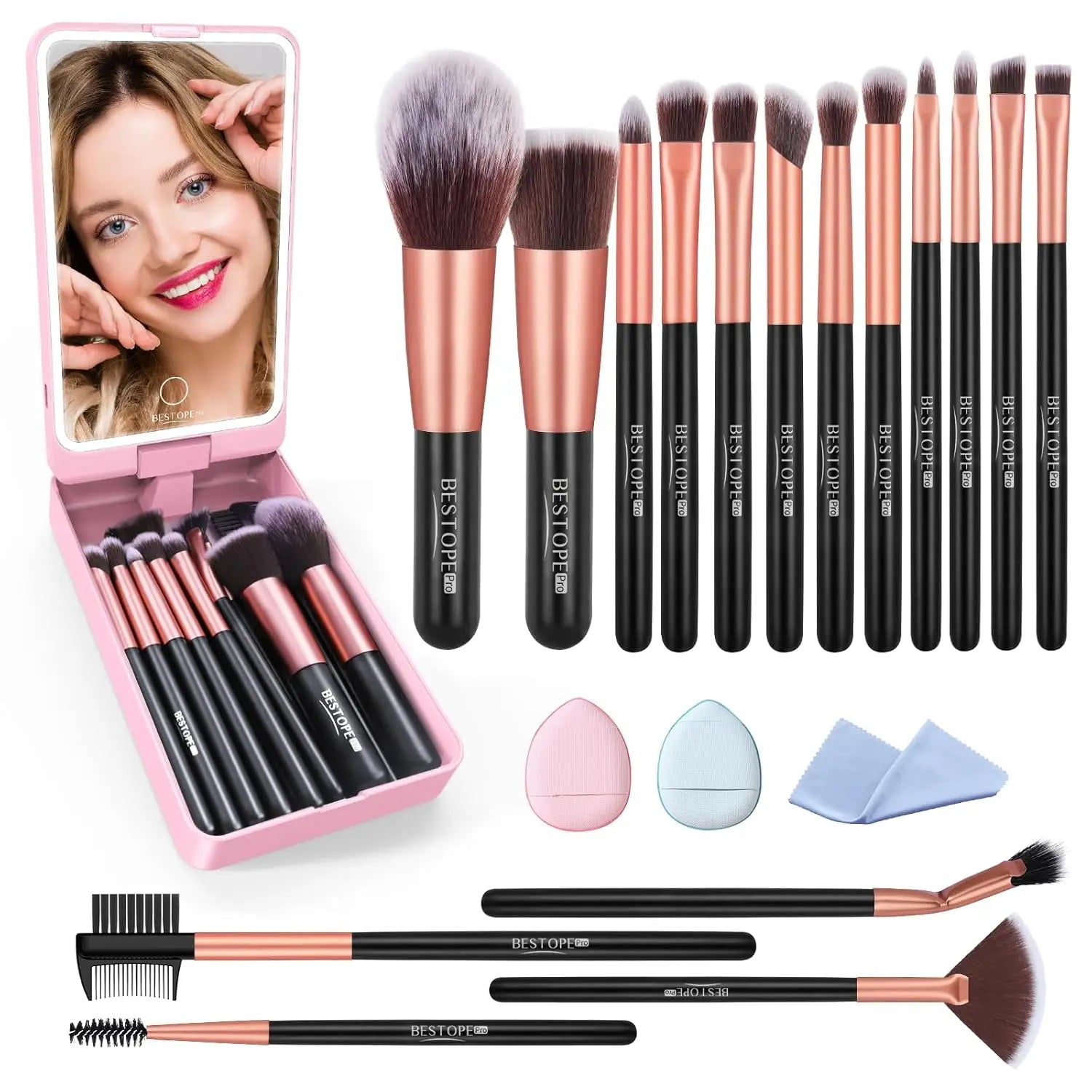 BESTOPE PRO Makeup Brushes with Case, 20PCs Travel Makeup Brush Set, Foundation Concealer Blush Eyeshadow Brush Set Contour