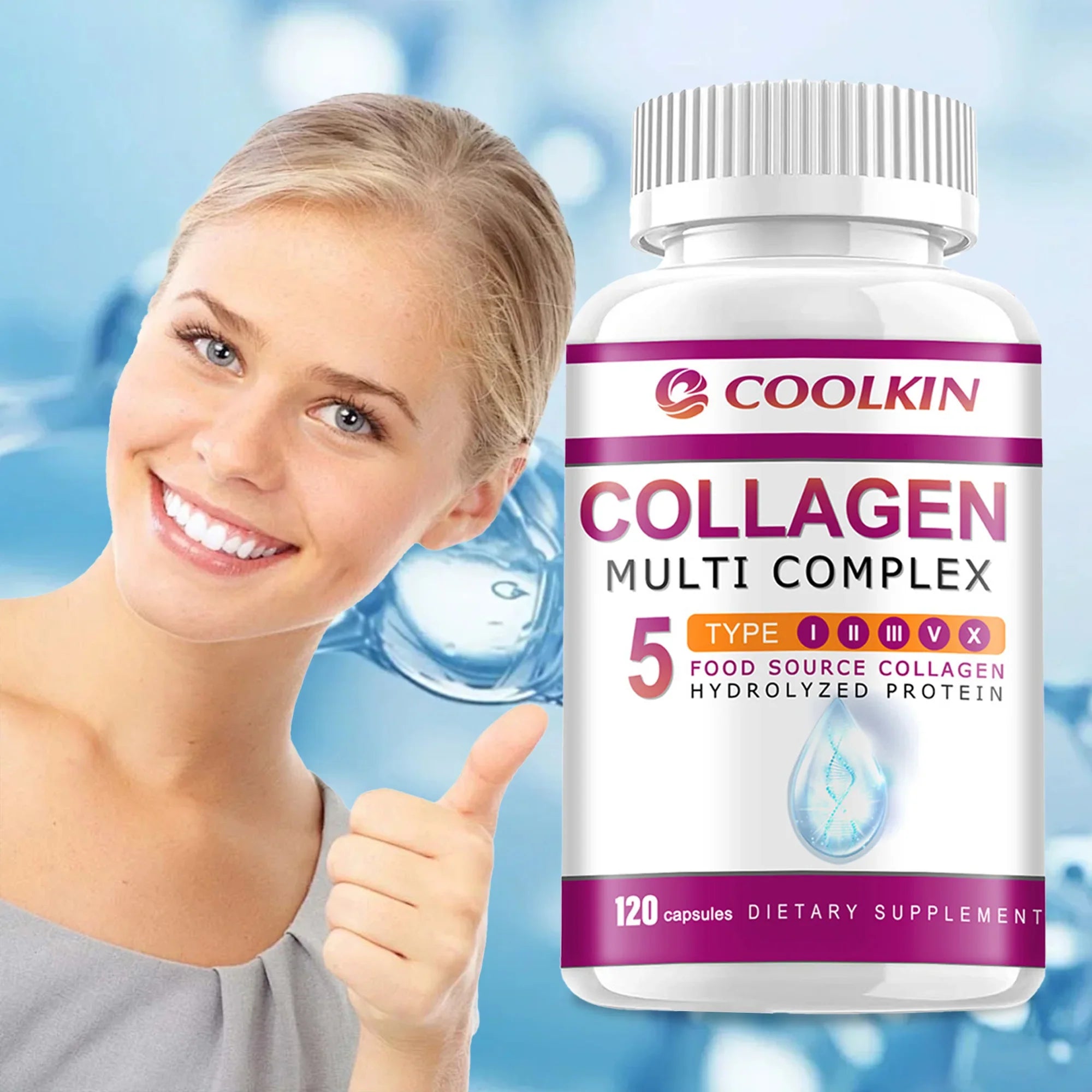 Collagen Complex - with Types I, II, III, V, X - for Healthy Hair, Bones, Cartilage, Skin & Nails - 120 Capsules