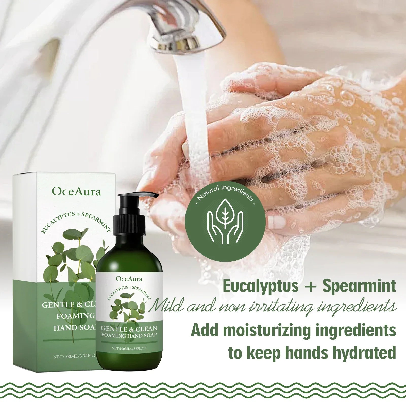 Oceaura Mint Foaming Hand Soap Liquid Lasting Fragrance Gentle Cleaning Dirt Keep Moisturizing Smoothing Skin Hand Wash Liquid