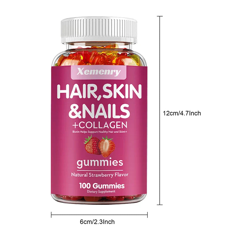 Natural Biotin Gummies - Supports Hair, Skin, Nails & Collagen, Dietary Supplement, Antioxidant - 100 Gummies