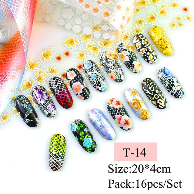 16pcs Transfer Nail Art Foils Holographic Sticker Mix Flower Sky Retro Decals Tips Starry Paper DIY Manicure Decorations