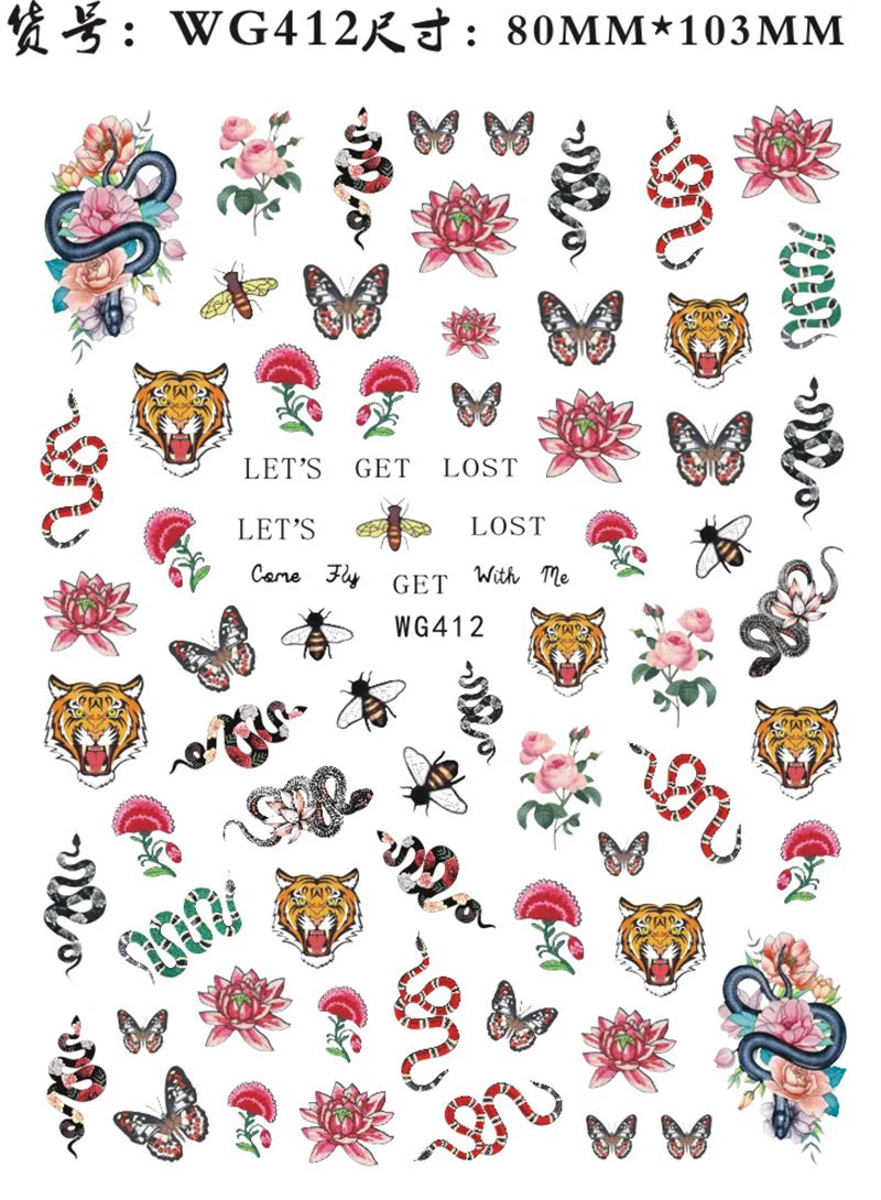 Nail Sticker Snake Dragon Butterfly Black Multicolor Decals Nail Art Tattoo Slider Water Transfer Letter Nails Art Decoration