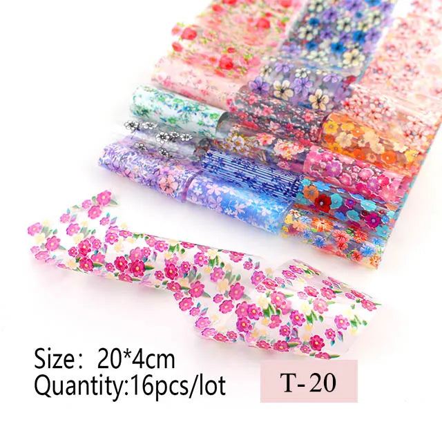 16pcs Transfer Nail Art Foils Holographic Sticker Mix Flower Sky Retro Decals Tips Starry Paper DIY Manicure Decorations