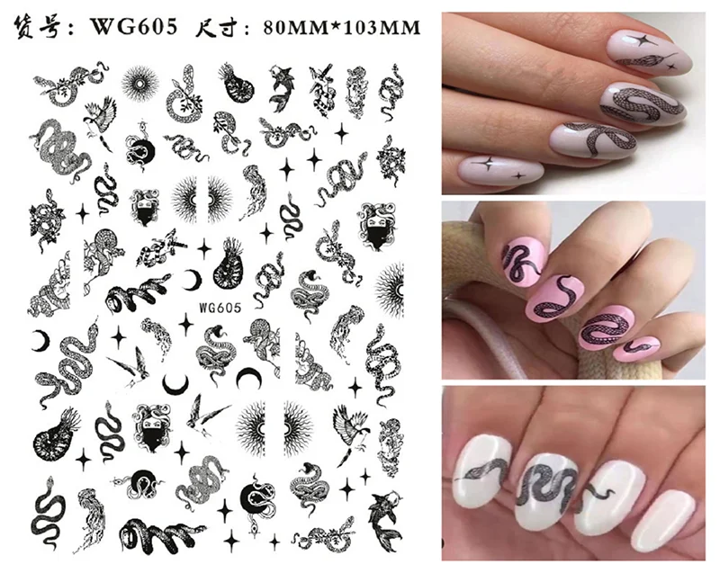 Nail Sticker Snake Dragon Butterfly Black Multicolor Decals Nail Art Tattoo Slider Water Transfer Letter Nails Art Decoration