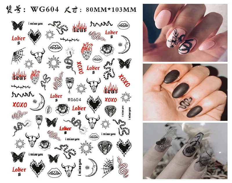 Nail Sticker Snake Dragon Butterfly Black Multicolor Decals Nail Art Tattoo Slider Water Transfer Letter Nails Art Decoration