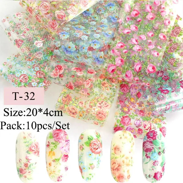 16pcs Transfer Nail Art Foils Holographic Sticker Mix Flower Sky Retro Decals Tips Starry Paper DIY Manicure Decorations