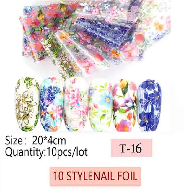16pcs Transfer Nail Art Foils Holographic Sticker Mix Flower Sky Retro Decals Tips Starry Paper DIY Manicure Decorations