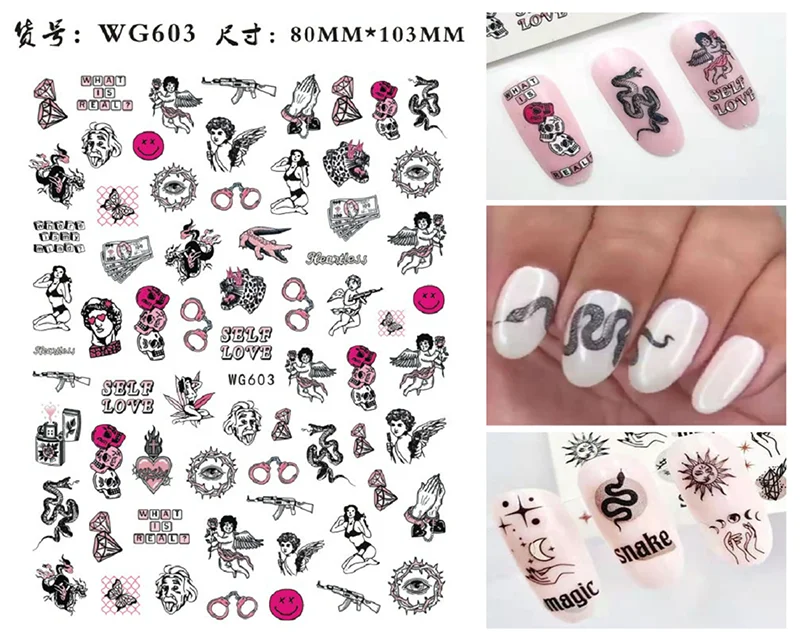 Nail Sticker Snake Dragon Butterfly Black Multicolor Decals Nail Art Tattoo Slider Water Transfer Letter Nails Art Decoration