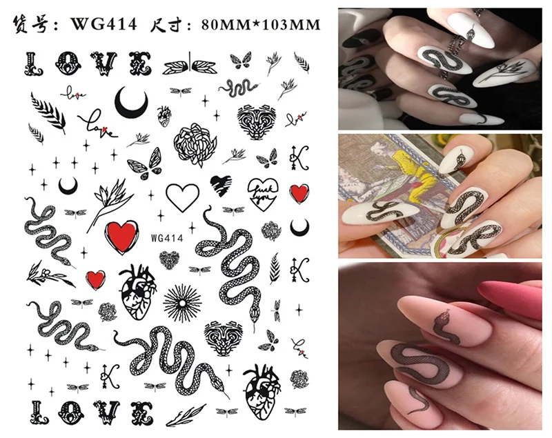 Nail Sticker Snake Dragon Butterfly Black Multicolor Decals Nail Art Tattoo Slider Water Transfer Letter Nails Art Decoration