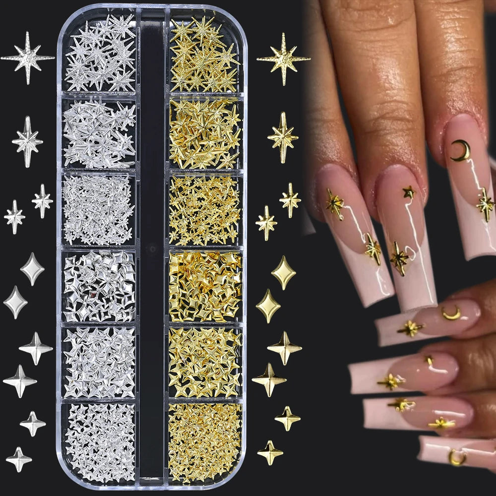 1000Pcs-12grids 3D Gold Silver Star/Cross Nail Rivet Studs Alloy Metallic Starlight Nail Charms Y2K 3d Cross/Star Manicure Rivet