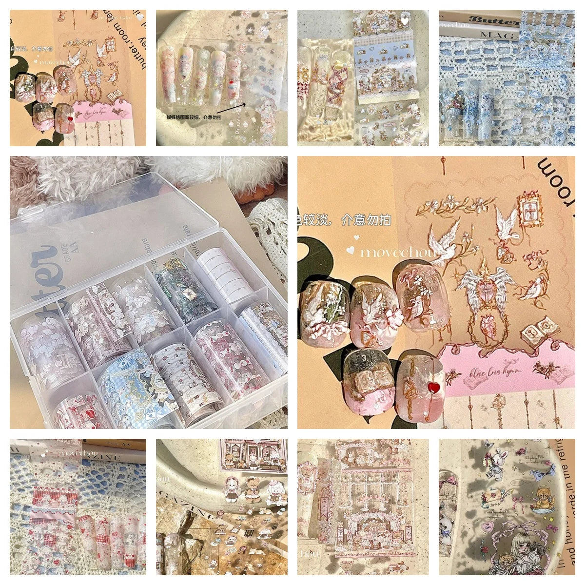 10Rolls Plaid Thousand-Bird Bow Stars Nail Foils Transfer Paper Nail Art Stickers Manicure Set Decal Nails Decoration