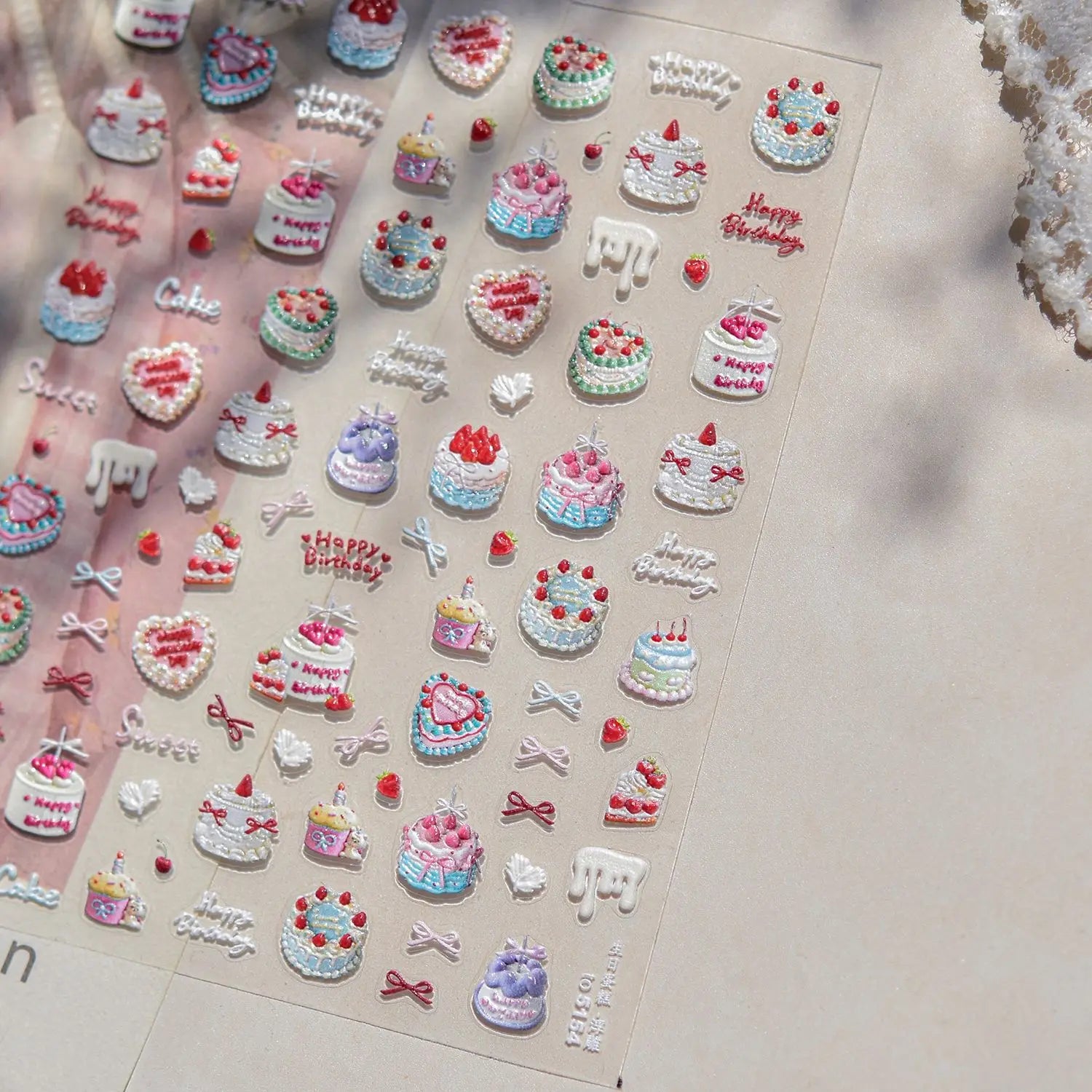 Happy Birthday Cake Stickers For Nails 5D Embossed Nail Sticker 3D Sweet Doughnut Cherry Adhesive Nail Art Decoration Decals DIY
