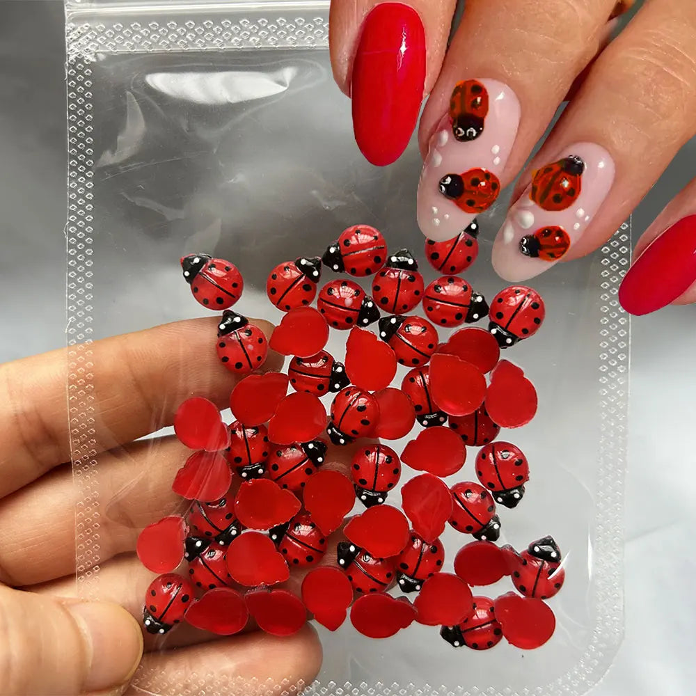 50Pcs Cute Insect Ladybug Nail Charms 3D Resin Ladybugs Nail Art Rhinestones 8*10mm Summer Manicure Decoration Ladybug DIY FT5*