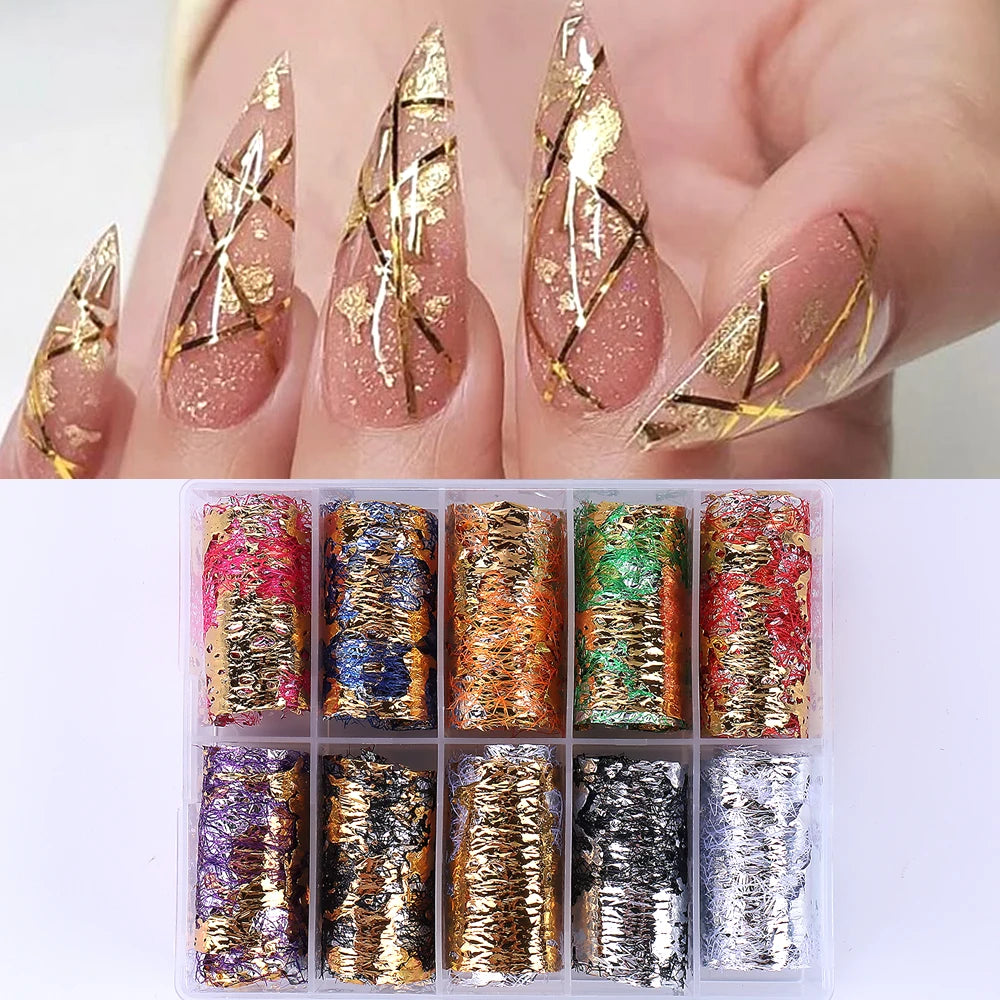 1Box-10pcs Golde Silver Aluminum Nail Foils Paper Nail Art Sticker Decals 3D Mesh Line DIY Design Adhesive Manicure Decorations