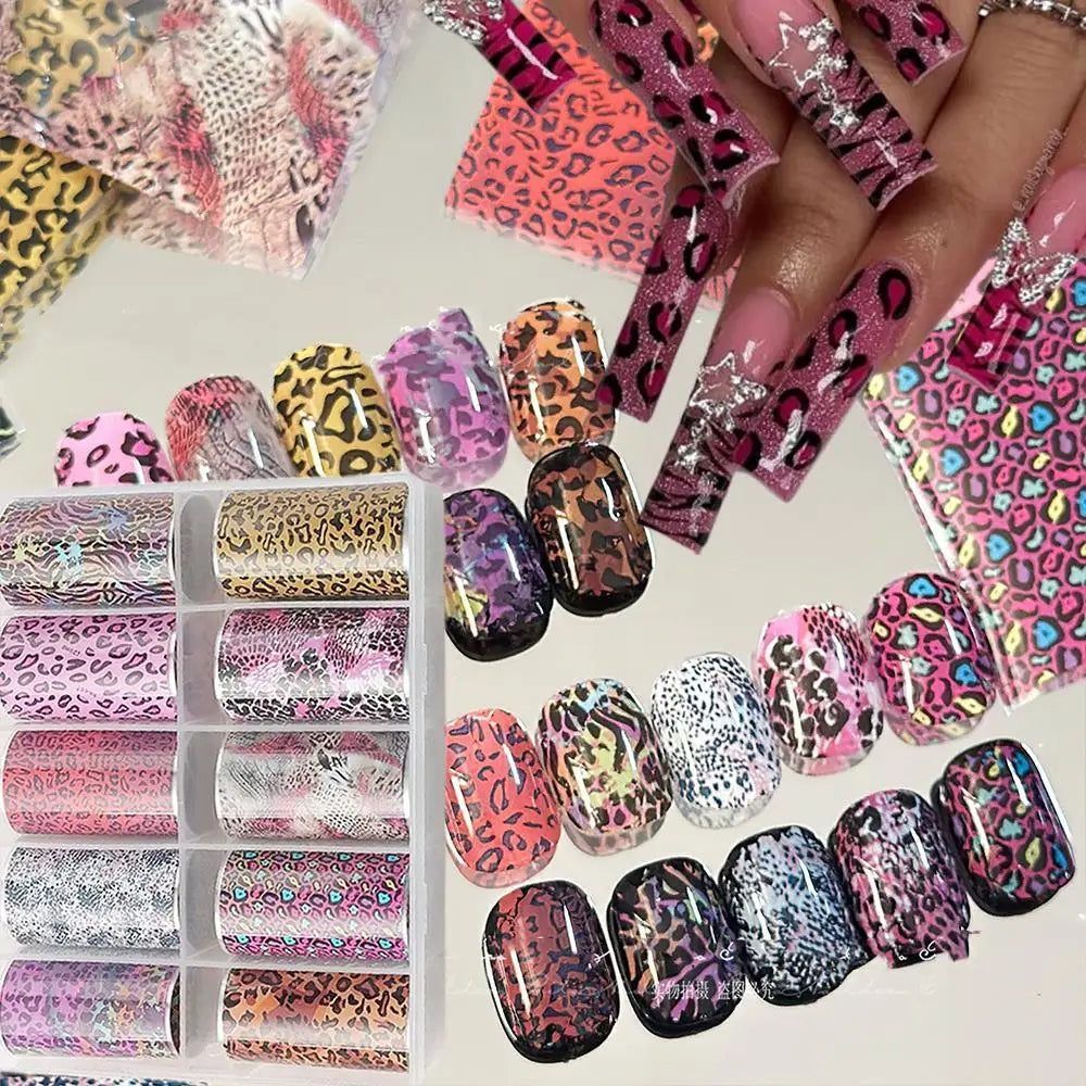 10Rolls 4*50cm Sexy Leopard Print Nail Foil Transfer Stickers Wild Animal Skin Decals Y2K Hot Girl Leopard Nail Art Decorations
