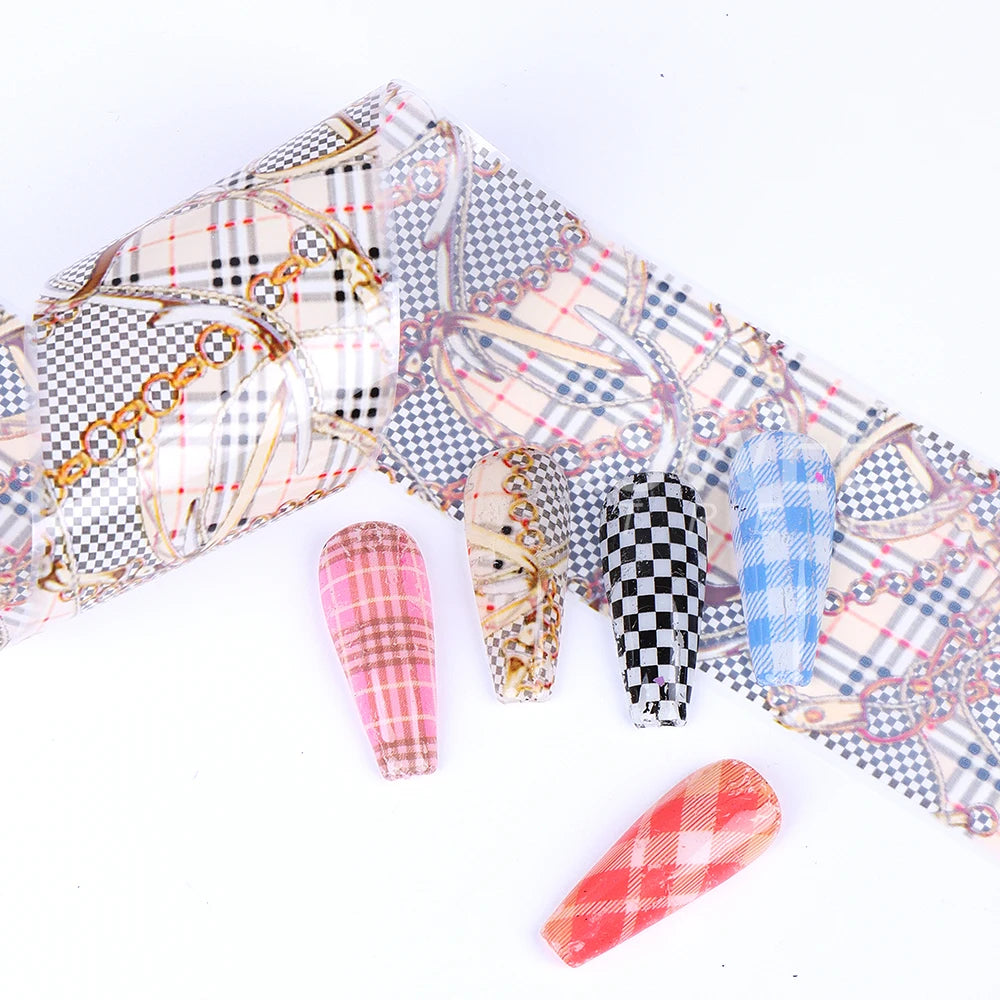 10PCS Plaid Nail Art Foil Transfer Paper Black White Grid Animal Plaid Print Pattern Nail Sticker Manicure Decals Decorations