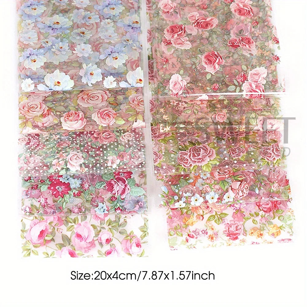 10PCS Mixed Nail Art Foils Transfer Sticker Set Rose Flower Designs Floral Starry Sky Nail Wraps Wedding Summer Manicure Decor