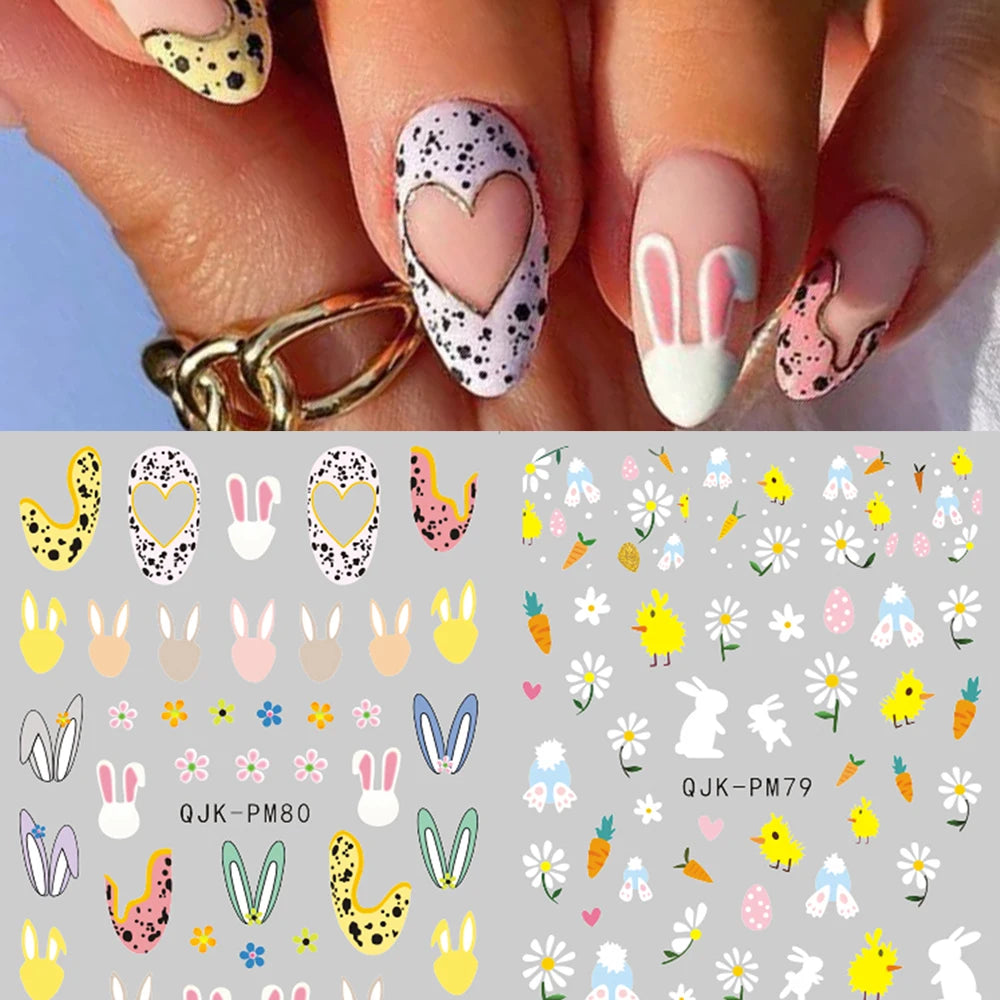 2pcs Easter Bunny 3D Nail Stickers Cartoon Cute Easter Eggs Rabbits Nail Decals Adhesive Nail Design DIY Decorations For Nails