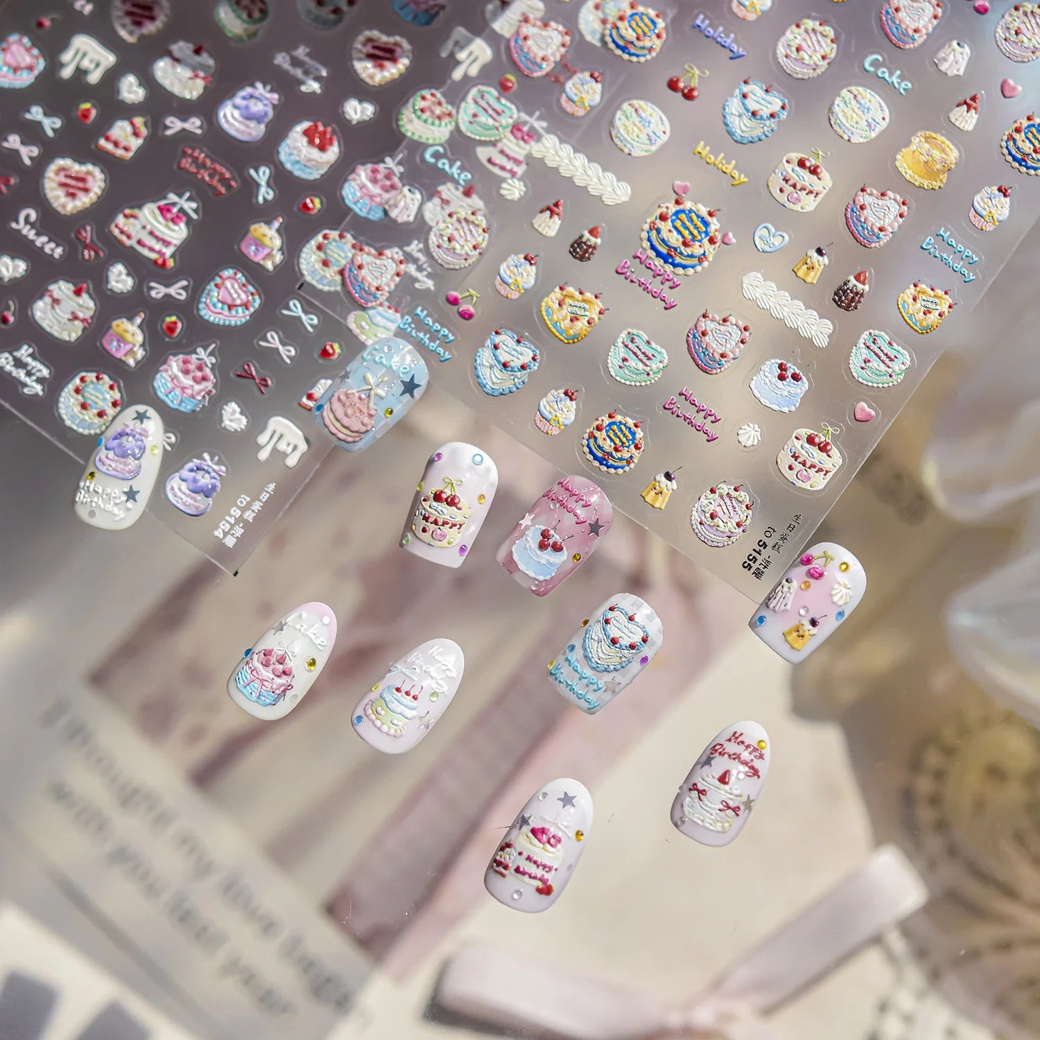 Happy Birthday Cake Stickers For Nails 5D Embossed Nail Sticker 3D Sweet Doughnut Cherry Adhesive Nail Art Decoration Decals DIY