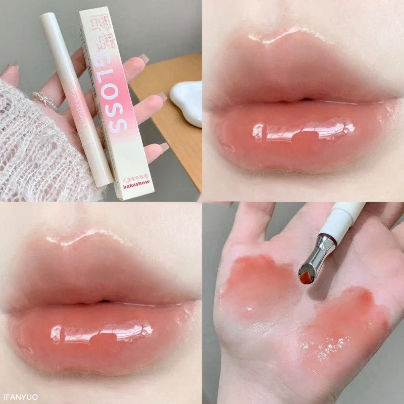Kakashow Mirror Watery Lip Gloss Iron Brush Head Jelly Lipgloss Moisturizing Lip Tint Lipstick Nature Nude Lips Makeup Cosmetics