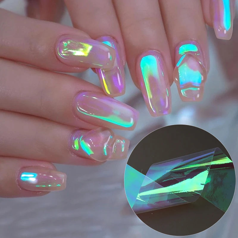 12pcs Aurora Foils Nail Art Stickers Holographic Laser Glass Paper Iridescent Cellophane Sliders Y2K Ice Cube Nail Art Decor