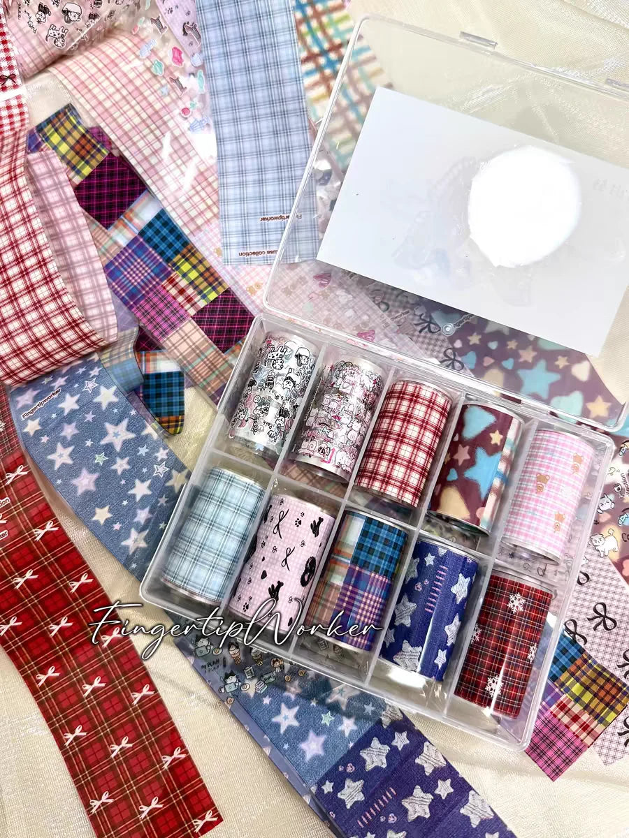 10Rolls Plaid Thousand-Bird Bow Stars Nail Foils Transfer Paper Nail Art Stickers Manicure Set Decal Nails Decoration