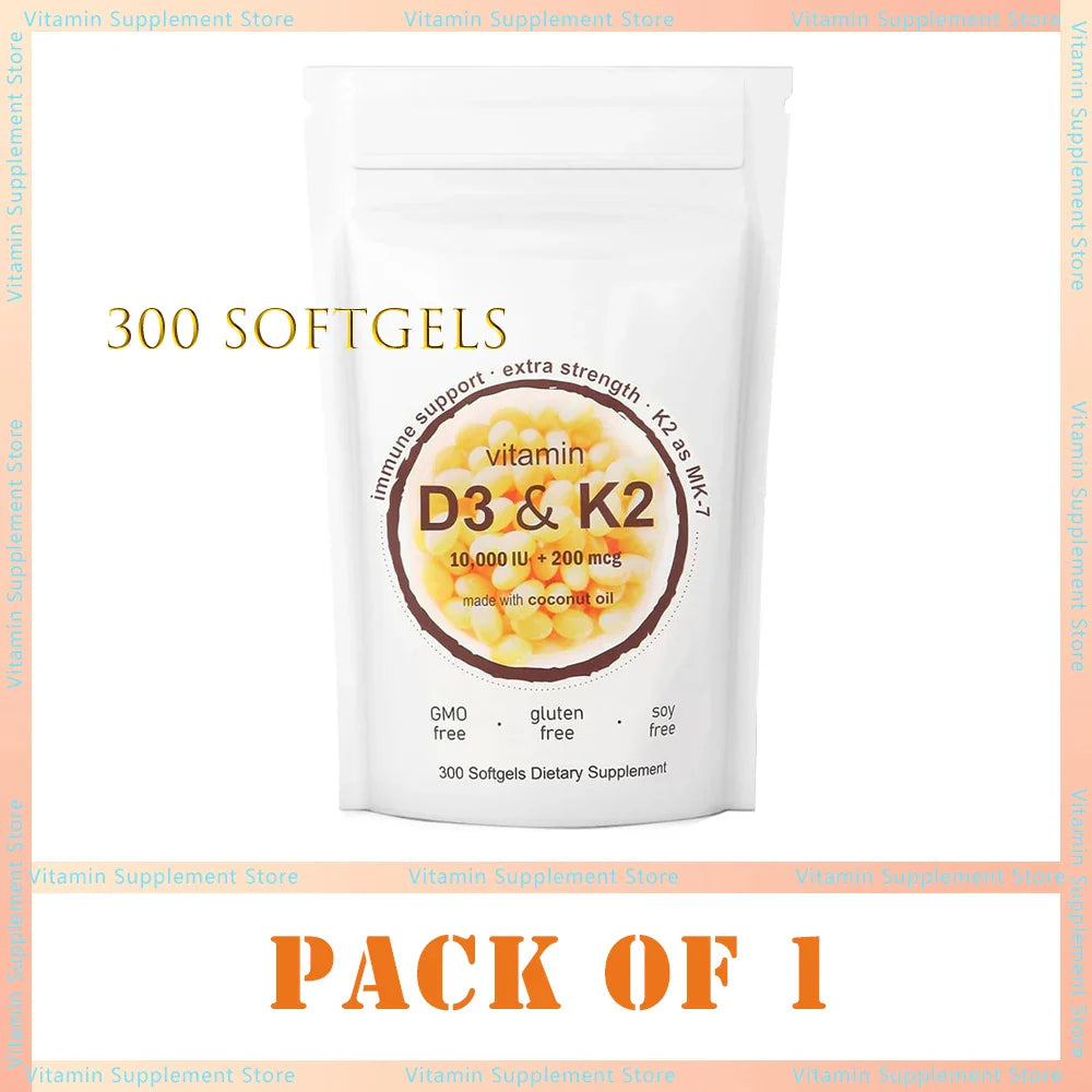 Vitamin D3 K2 10000 IU 300 Coconut Oil Softgels, 2 in 1 Vitamins Supplement D & K (MK7) Supports Calcium Absorption, Bone Health