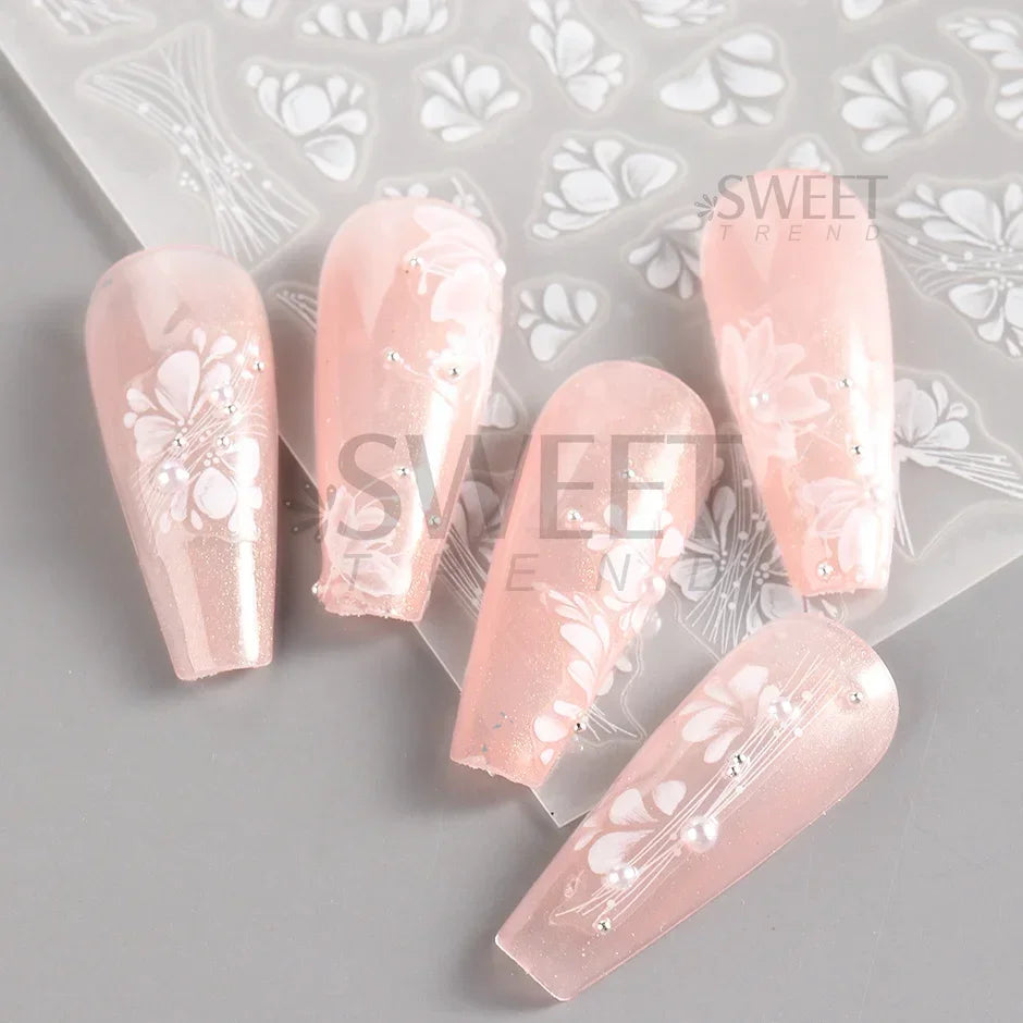 White Lace Flower Nail Art Sticker Acrylic Floral Charm Adhesive Sliders Elegant Wedding Bride Simple Line Design Manicure Decal