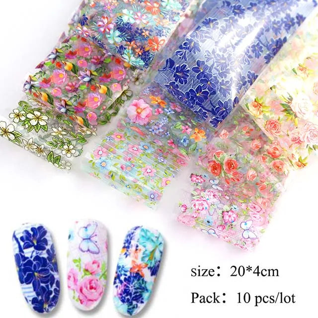 10pcs Holographic Nail Foil Slider Mix Flower Designs Set Transfer Nails Stickers Floral Prints Manicure Decal Art Decoration