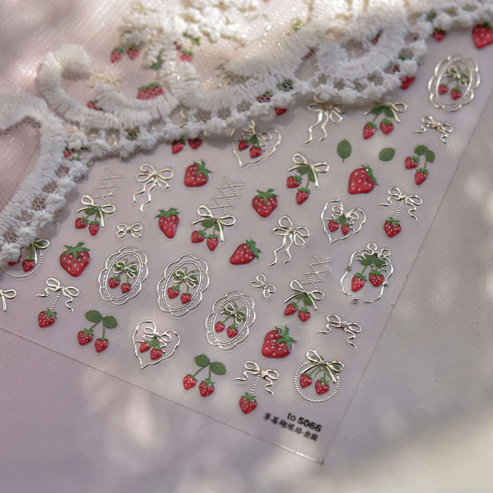 Strawberry Nail Art Stickers 5D Gold Silver Embossed Strawberry Jelly Nail Decals Sticker Bow Heart Shape Adhesive Sliders