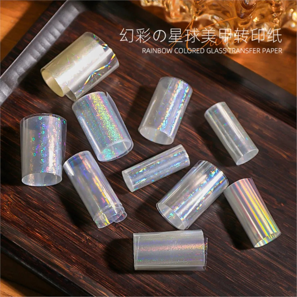 10Rolls Clear Laser Aurora Nail Foil Sticker Iridescent Holographic Glass Fragment Transfer Foil Decals 4x50cm Nails Decoration