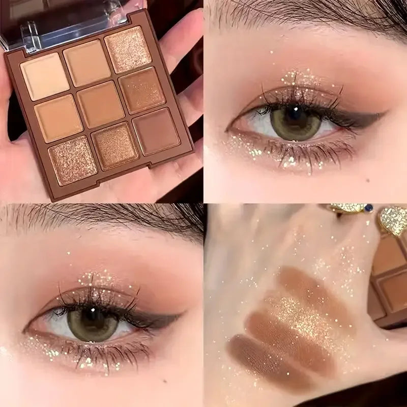 Chocolate eyeshadow Palette - 9 shades of natural brown & gold, with glitter & matte effects, lasting eye makeup, Korean makeup