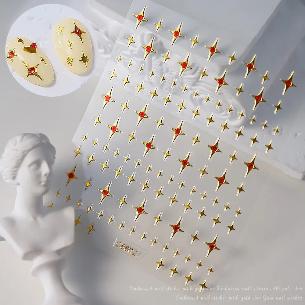 1pcs 3D Bronzing Gold Love Heart Nail Art Stickers Y2K Holographic Stars Sun Starlight DIY Nail Decals Heart Manicure Decoration