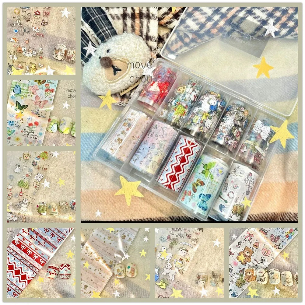 10Rolls Plaid Thousand-Bird Bow Stars Nail Foils Transfer Paper Nail Art Stickers Manicure Set Decal Nails Decoration
