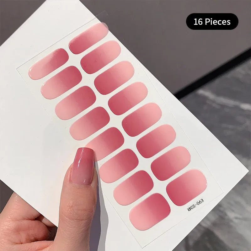 Pink Glitter Design Baking-free Nail Stickers French Style Solid Color Adhesive Full Cover Nail Strip Slider DIY Manicure Decals