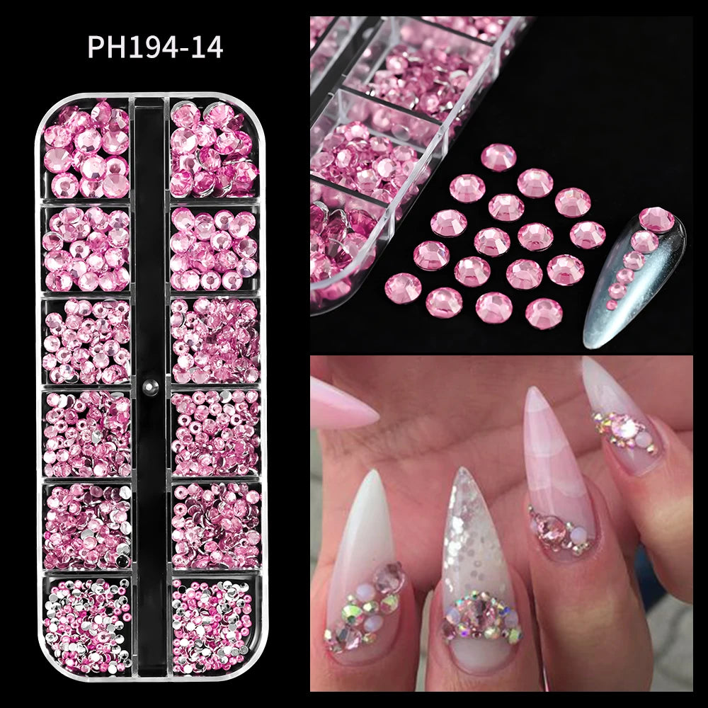 12Grids Pink Mixed Nail Rhinestones Luxury Nail Charms Glitter Crystal Jewelry Gems Nail Art Decoration DIY Manicure Rhinestones