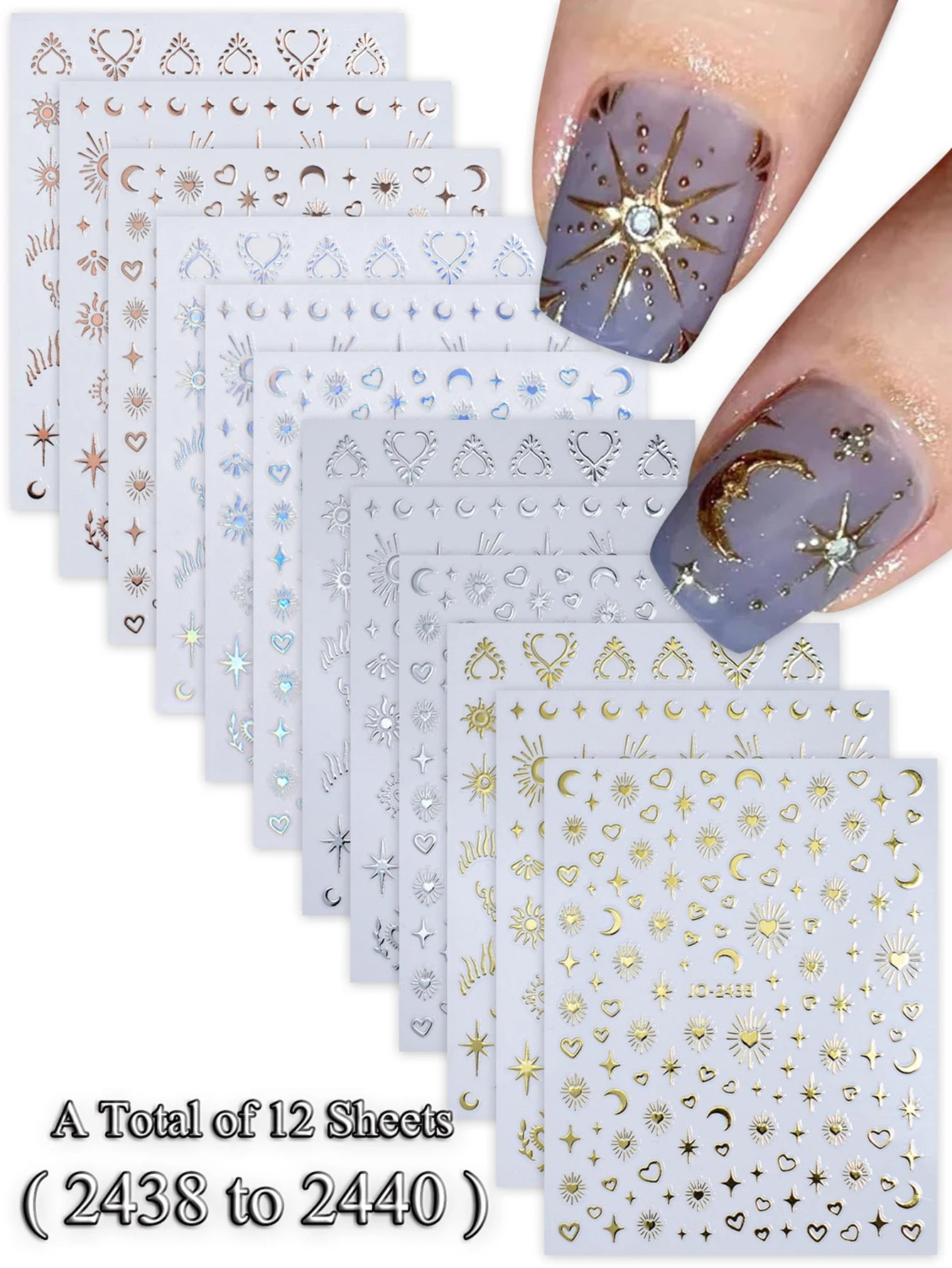 6/12 Sheets Gold & Silver Star, Moon & Heart Nail Stickers, Self-Adhesive 3D Nail Art Decals for DIY Manicure Decoration