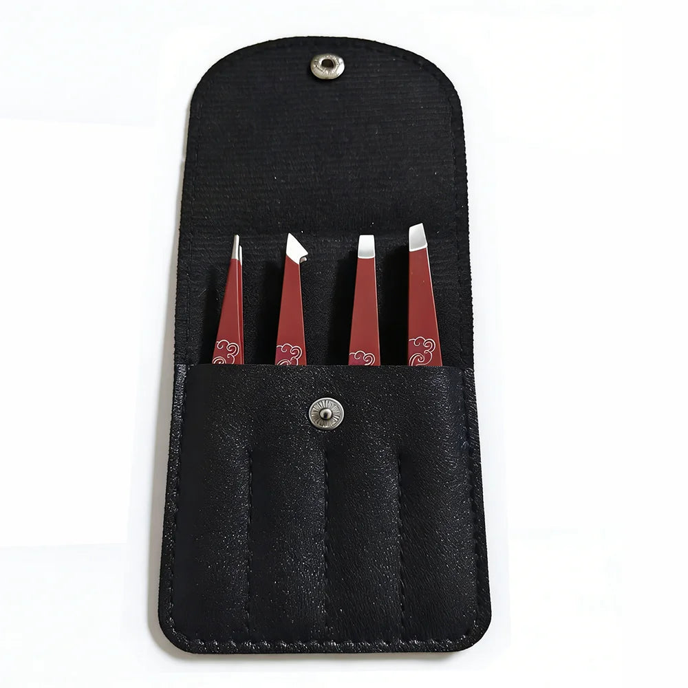 Stainless Steel Tweezer Set 4 Precision Tweezers with Leather Case Ideal Eyebrow Kit Ingrown Hair Tweezers Splinter Removal Kit