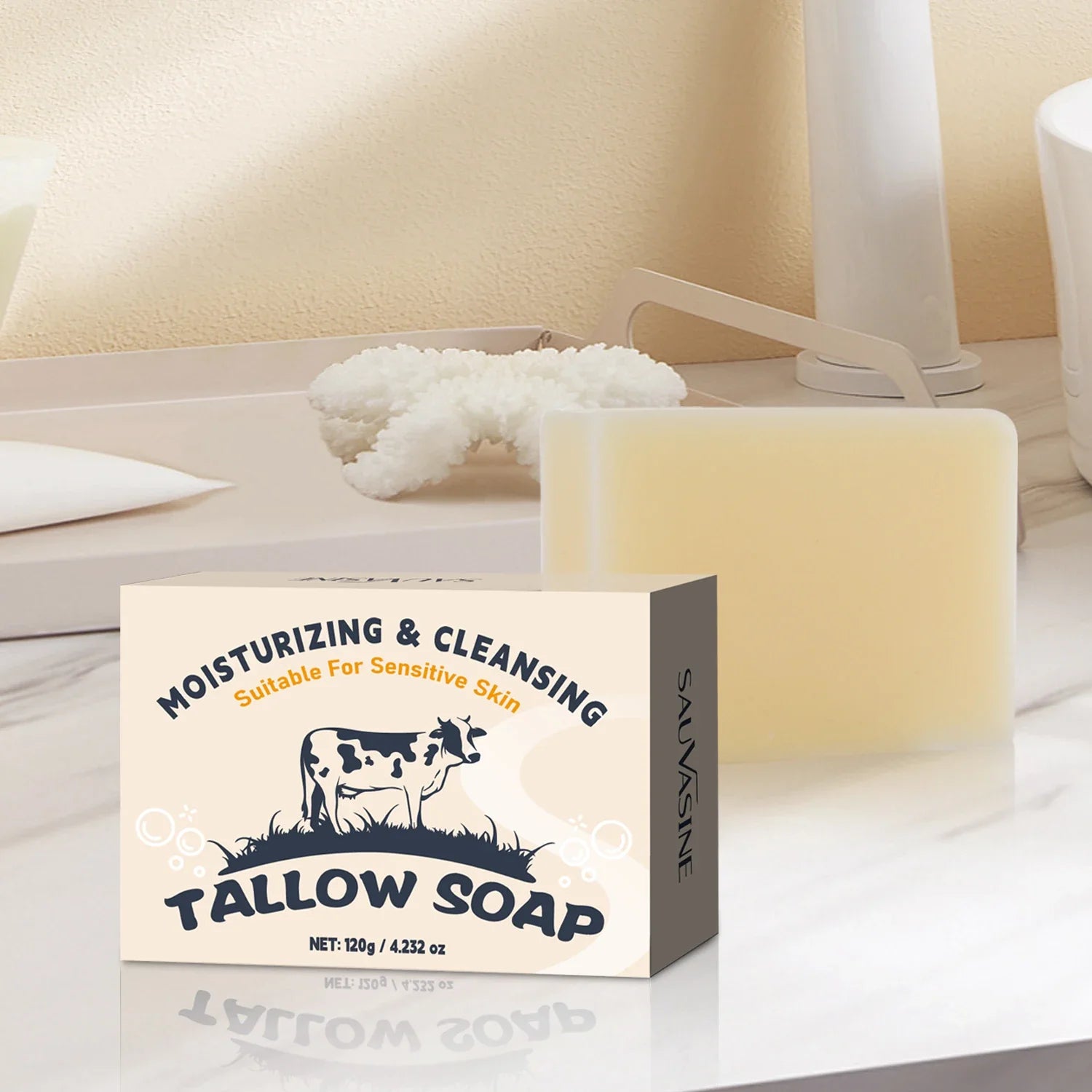 120g Handmade Beef Tallow Soap Bar Face & Body Wash Skin Moisturizer Smooth Natural Grass Fed Tallow Soap for Sensitive Skin