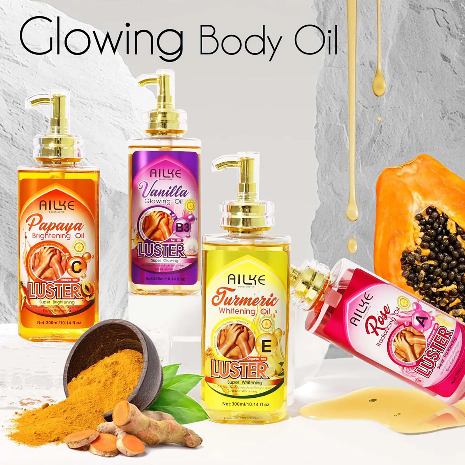 AILKE Lightening Body Massage Oil, Deeply Moisturizing, Anti-Aging, Wrinkles, Stretch Marks and Dark Spots Removal, 300ml