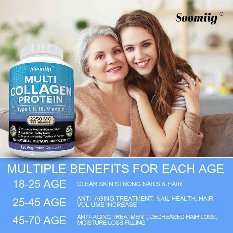 Multi-Collagen Capsules for Men and Women - Hydrolyzed Type I II III V X for Skin, Hair, Nails, Bones, Joints, Nutrition and Pro