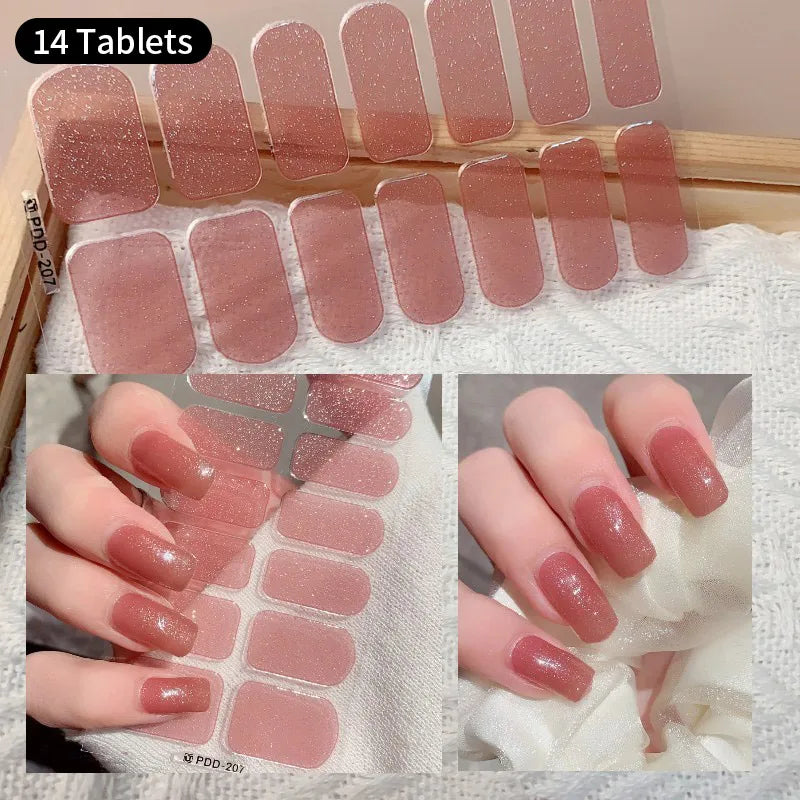 Pink Glitter Design Baking-free Nail Stickers French Style Solid Color Adhesive Full Cover Nail Strip Slider DIY Manicure Decals