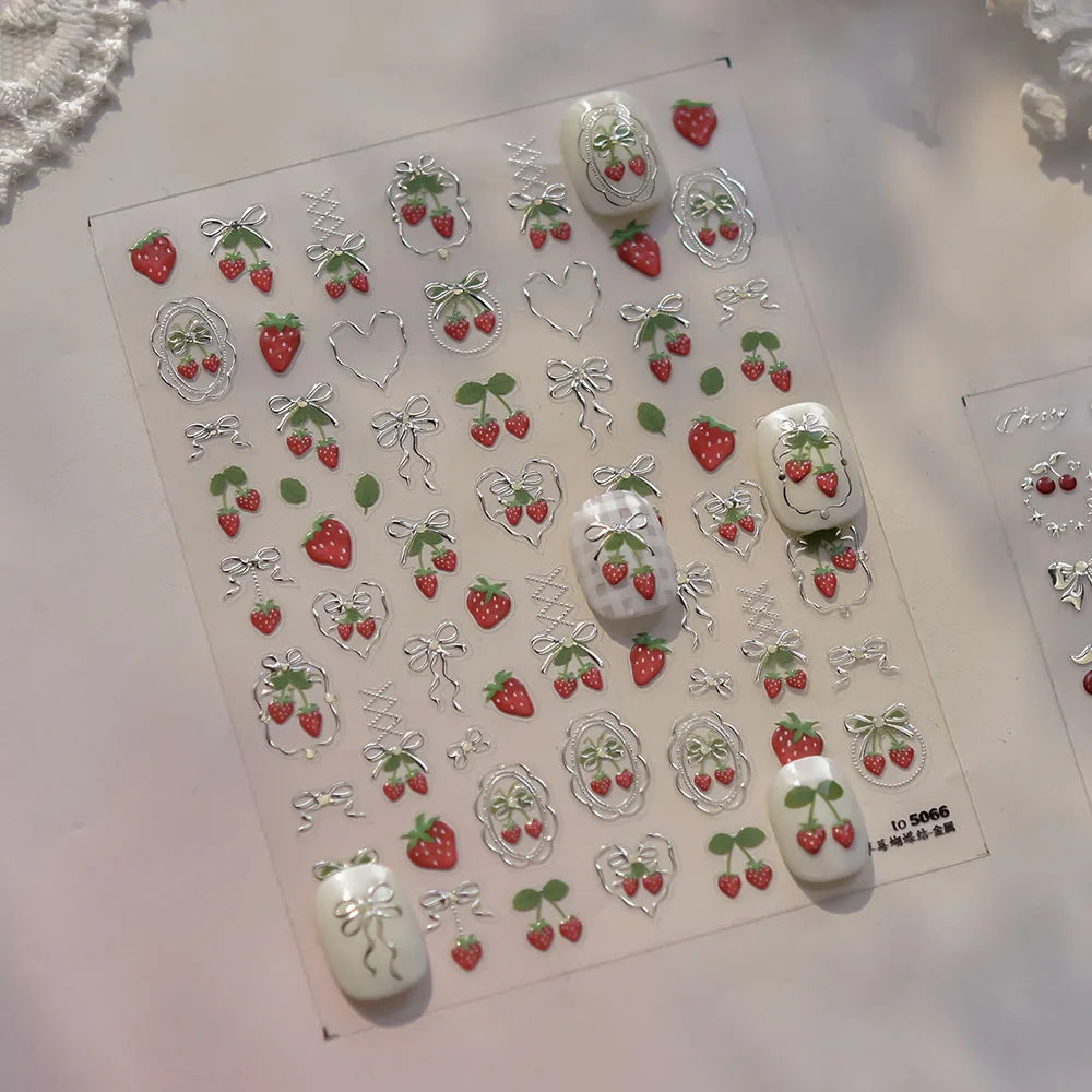 Strawberry Nail Art Stickers 5D Gold Silver Embossed Strawberry Jelly Nail Decals Sticker Bow Heart Shape Adhesive Sliders