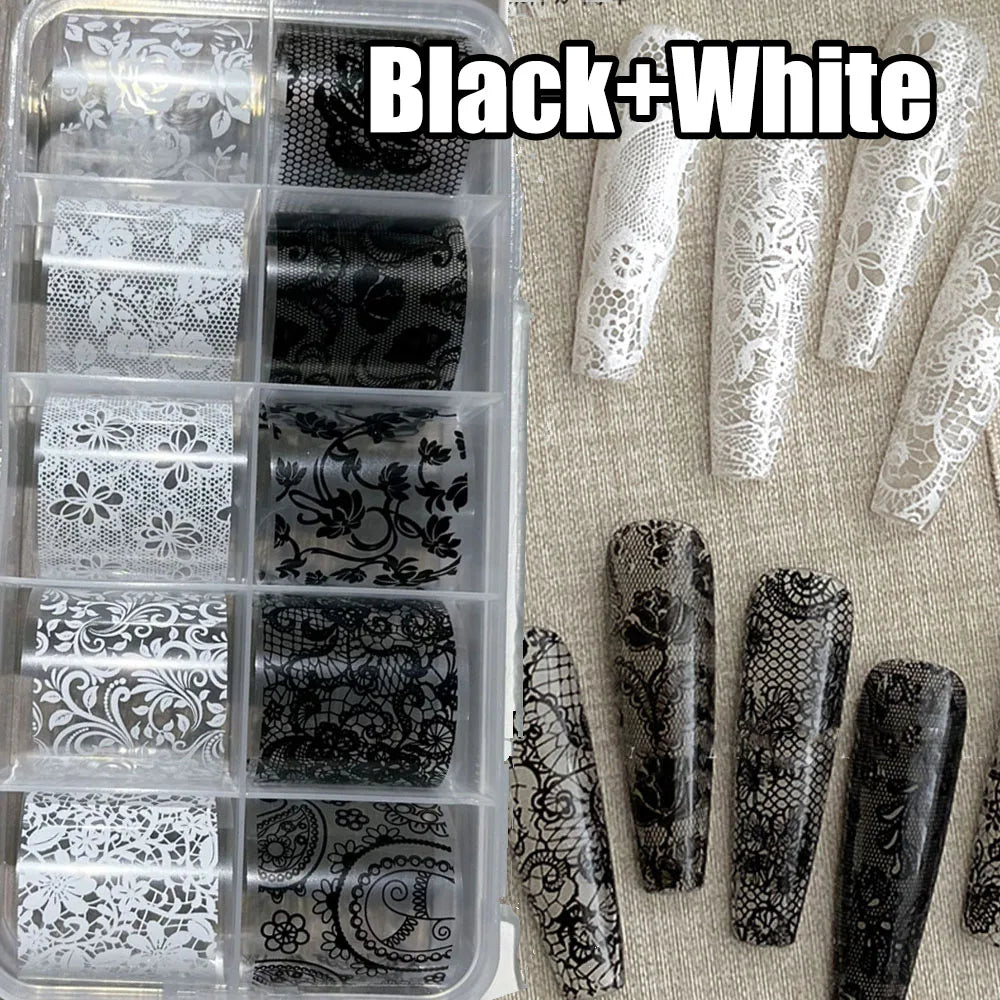 10Rolls/box White&Black Sexy Lace Flowers Nail Art Foils 4x25cm Lace Transfer Foils Starry Sky Paper DIY Women Lace Slider&*&