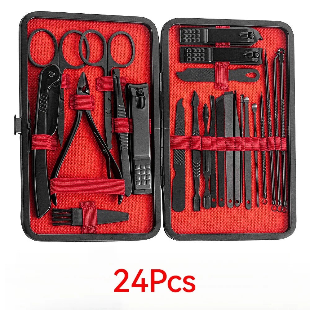 7/8/10/12/15/24pcs Set Professional Manicure Set Kits Stainless Steel Fingernail Toenail Clippers Set with Leather Portable