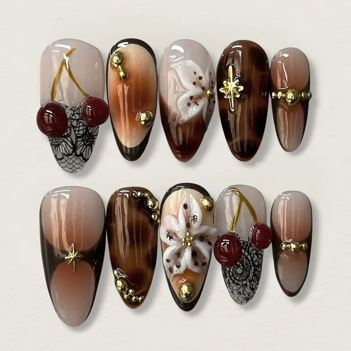 24Pcs Black Y2k Long False Nails with Almond Head Design Cat's Eye Silver Stripe Pattern Press on Fake Nails Wearable Nail Tips