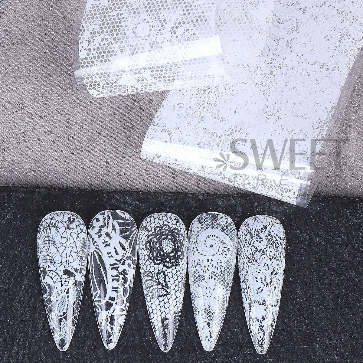 10/20pcs Elegant Black White Lace Flowers Nail Transfer Foils Fantasy Retro Floral Starry Sky Paper Sticker Manicure Accessories