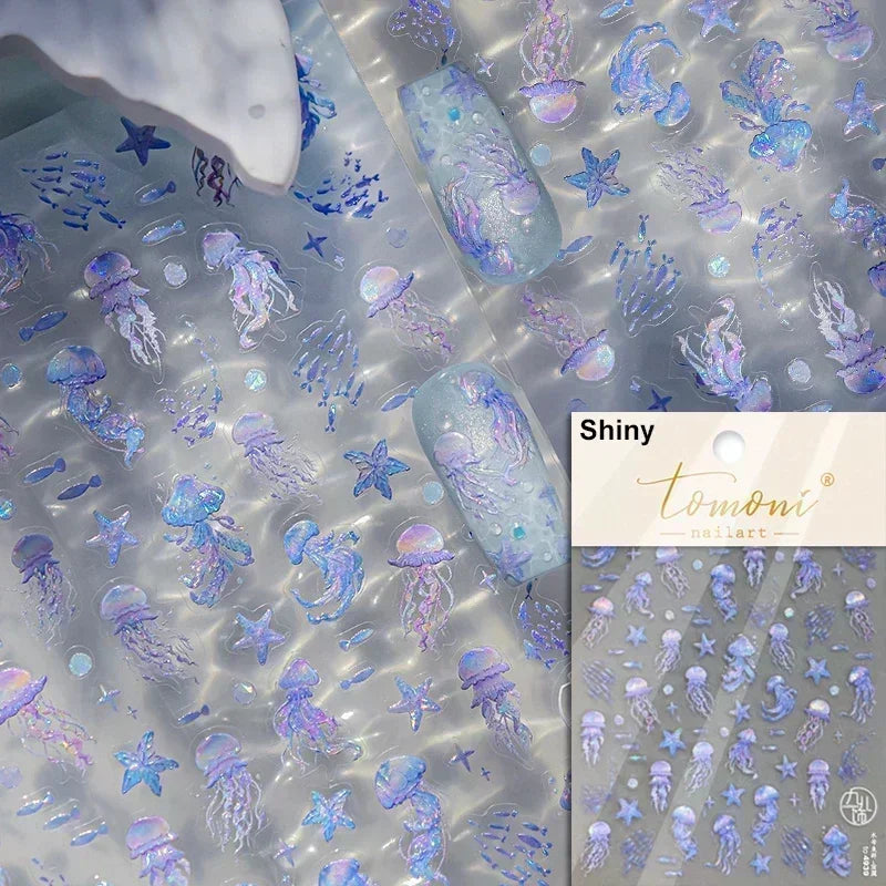 Sea Wave Jellyfish Starfish Conch Shell Dolphin Pearl Summer Beach Goldfish Water Bubble Mermaid Koi INS Nail Art Stickers Decal