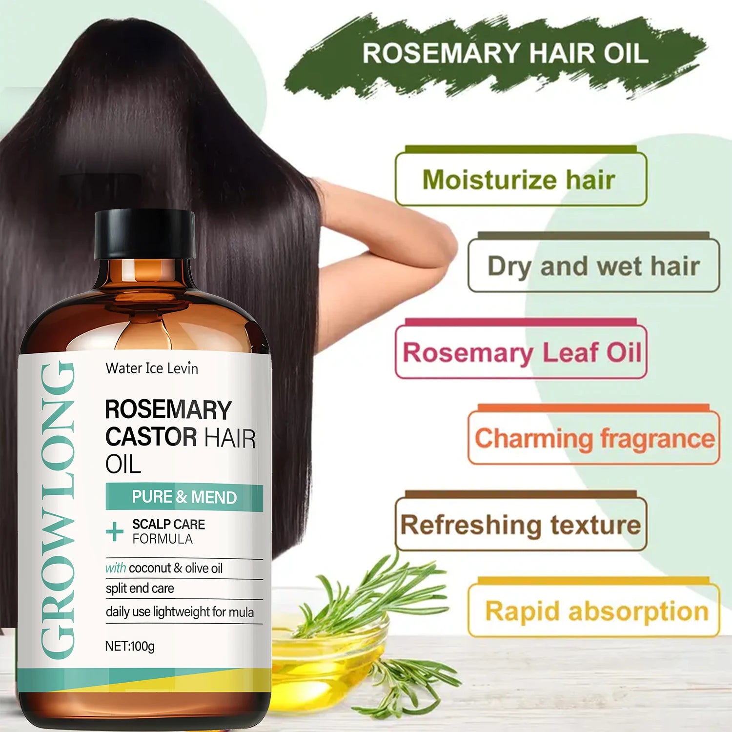 Rosemary Castor Hair Oil - Scalp Care & Split End Repair, Coconut Olive Oil Lightweight Blend, Winter Therapy