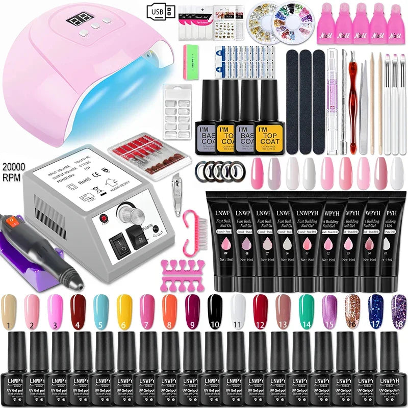 Nail Gel Kit With LED Nail Light Dryer Nail Drill Machine Poly Nail Extension Gel Varnish Kit Soak Off Polish Manicure Tools Kit